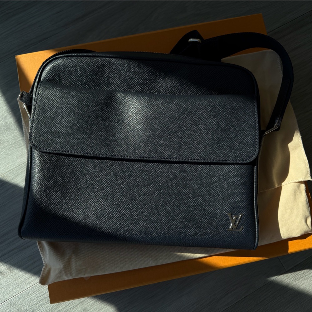 Louis Vuitton Navy Leather Messenger Bag with Silver LV Accent